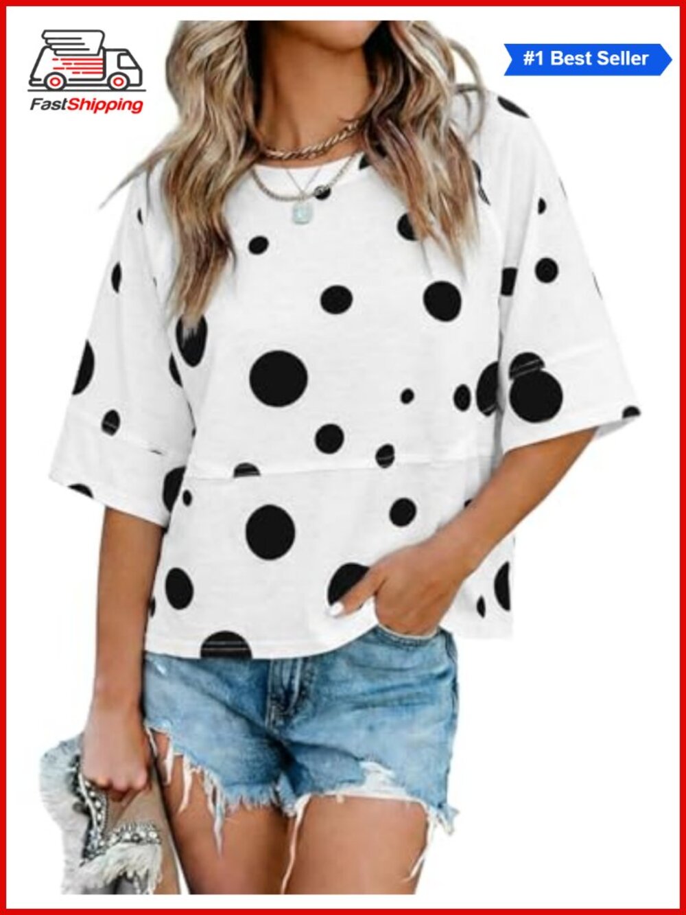 Women's Summer Casual T-Shirt Loose Fit Crewneck 3/4 Sleeve Top